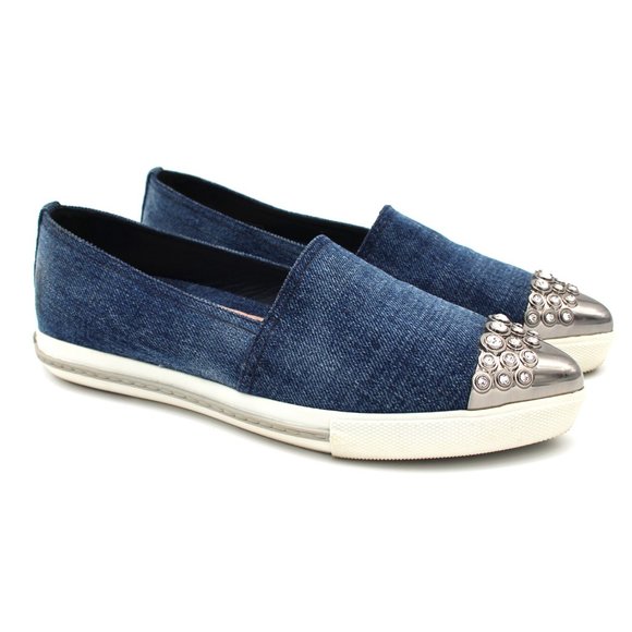 Miu Miu Shoes - Miu Miu Blue Denim Calzature Donna Crystal Embellished Slip On Sneakers 36.5